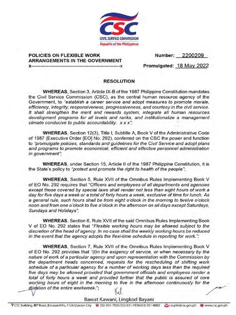 csc resolution no. 2200209 promulgated on 18 may 2022|Policies on Flexible Work Arrangements in the Government (ft..